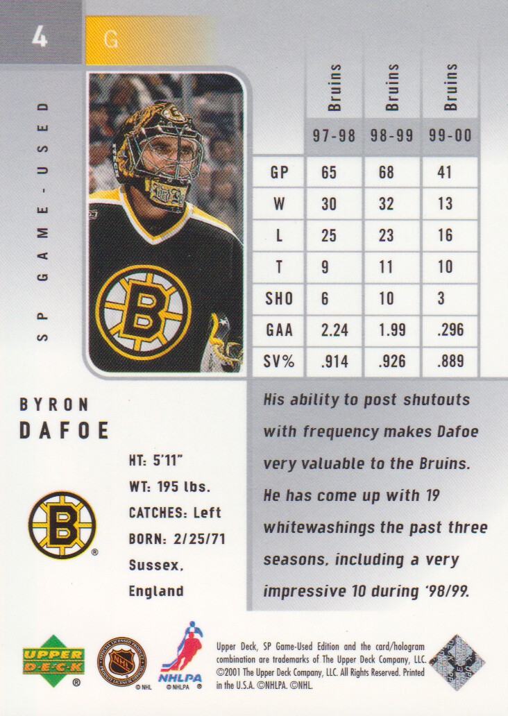 2000-01 SP Game Used #4 Byron Dafoe back image