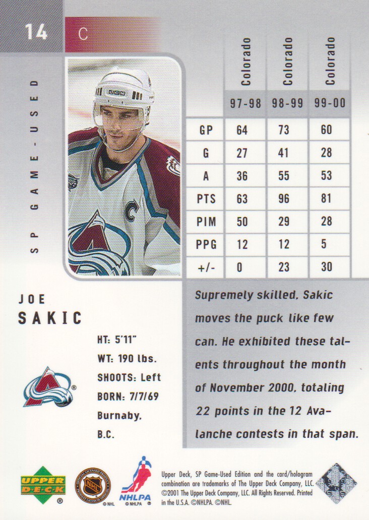 2000-01 SP Game Used #14 Joe Sakic back image