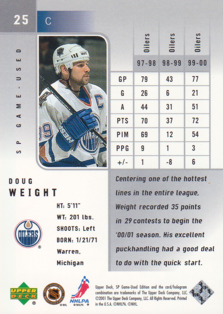 2000-01 SP Game Used #25 Doug Weight back image