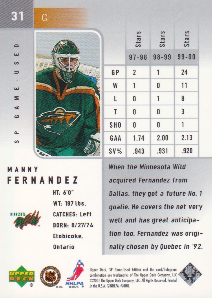 2000-01 SP Game Used #31 Manny Fernandez back image