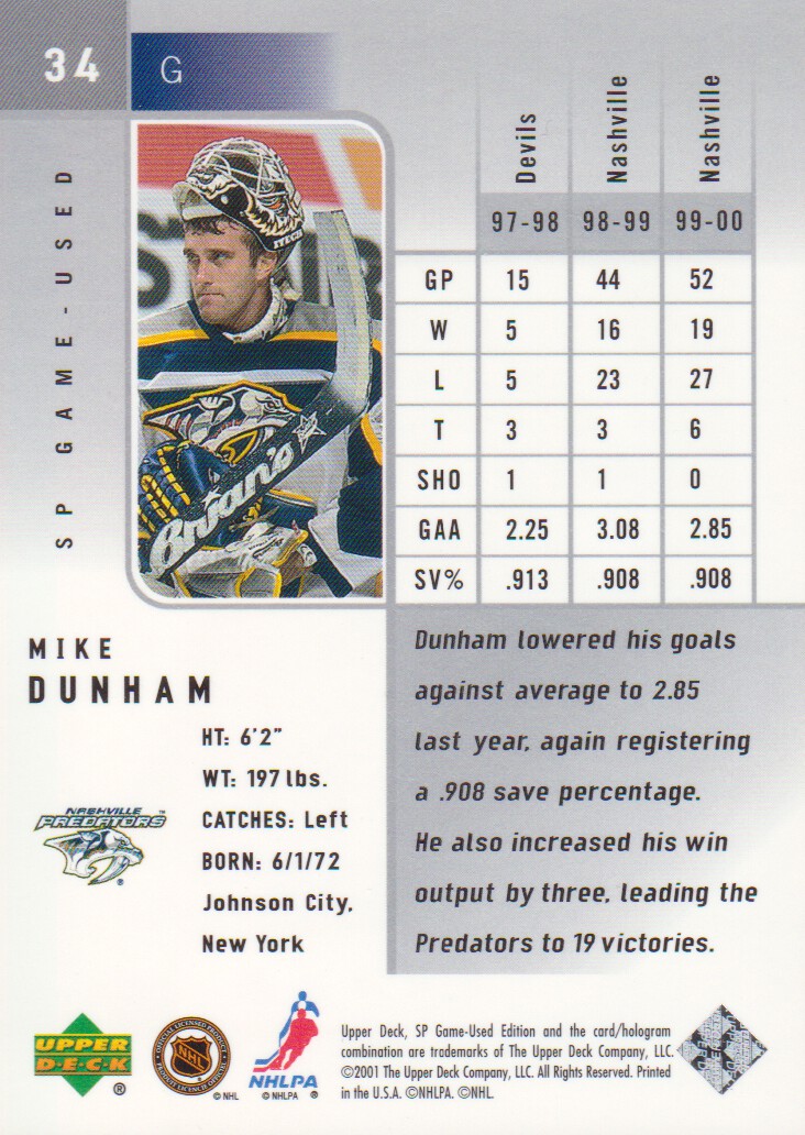 2000-01 SP Game Used #34 Mike Dunham back image