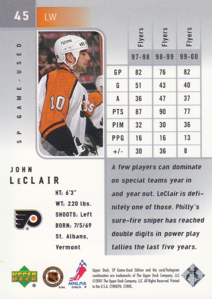 2000-01 SP Game Used #45 John LeClair back image