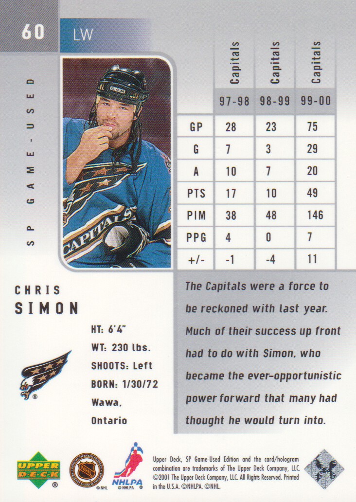 2000-01 SP Game Used #60 Chris Simon back image