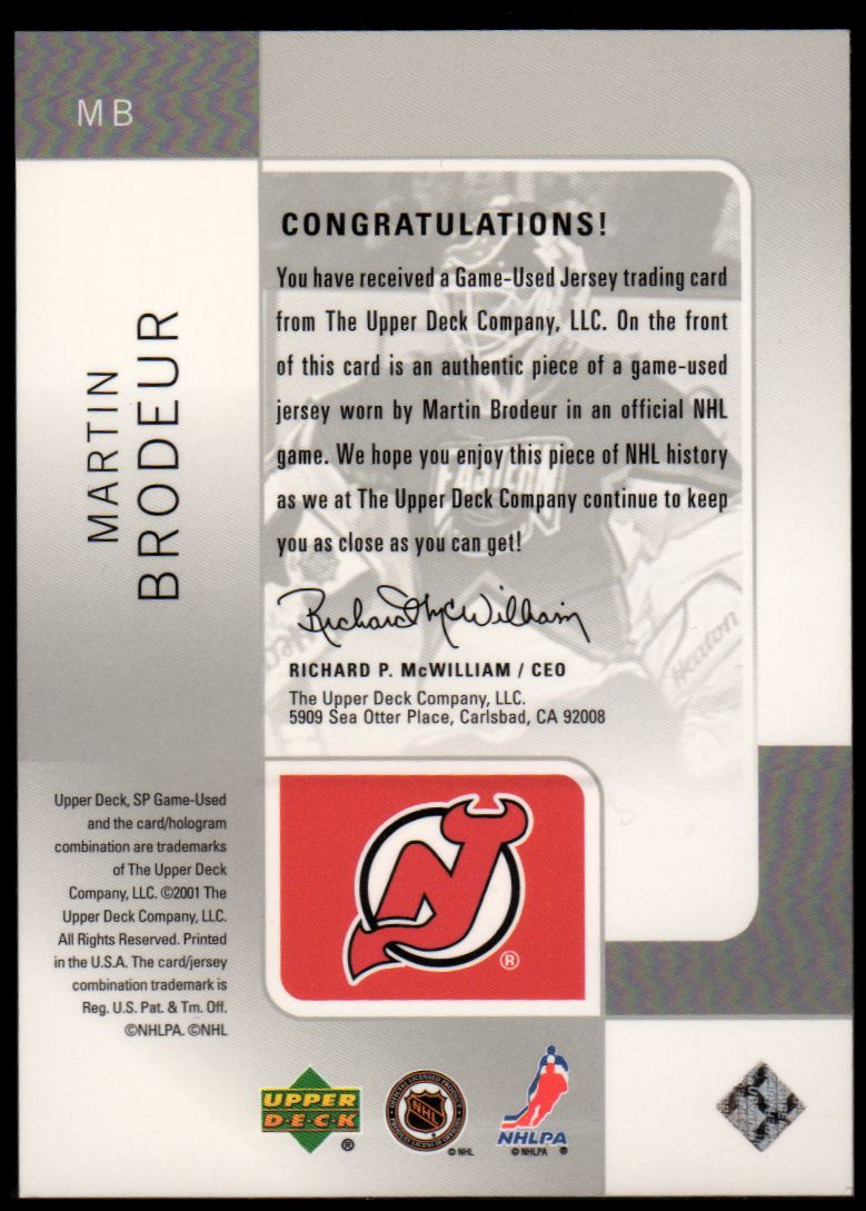 2000-01 SP Game Used Tools of the Game #MB Martin Brodeur back image