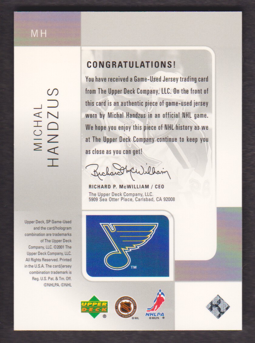 2000-01 SP Game Used Tools of the Game #MH Michal Handzus back image