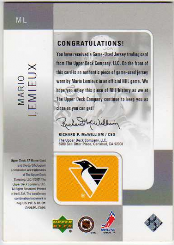 MARIO LEMIEUX 2000 Game Worn Jersey Swatch Pittsburgh Penguins