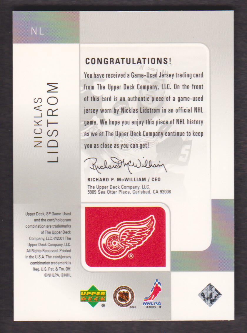 2000-01 SP Game Used Tools of the Game #NL Nicklas Lidstrom back image
