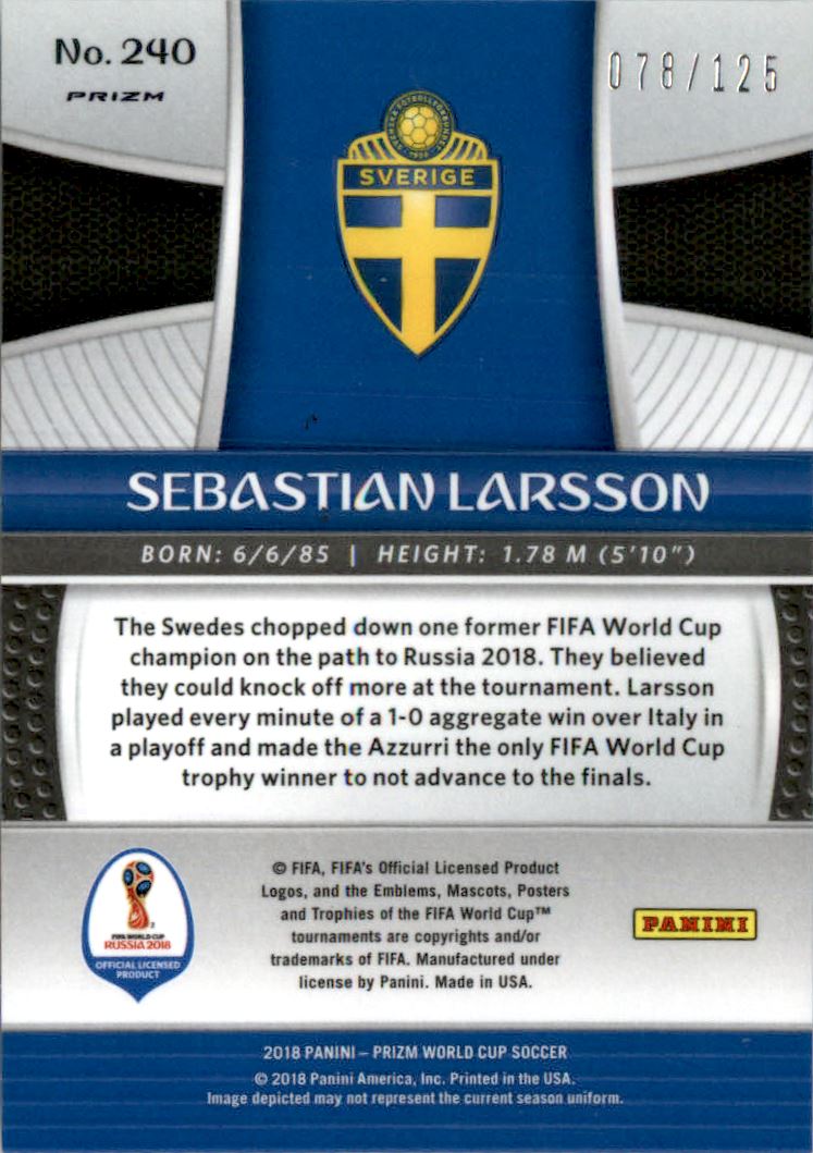 2018 Panini Prizm World Cup Prizms Light Blue Lazer #240 Sebastian Larsson back image