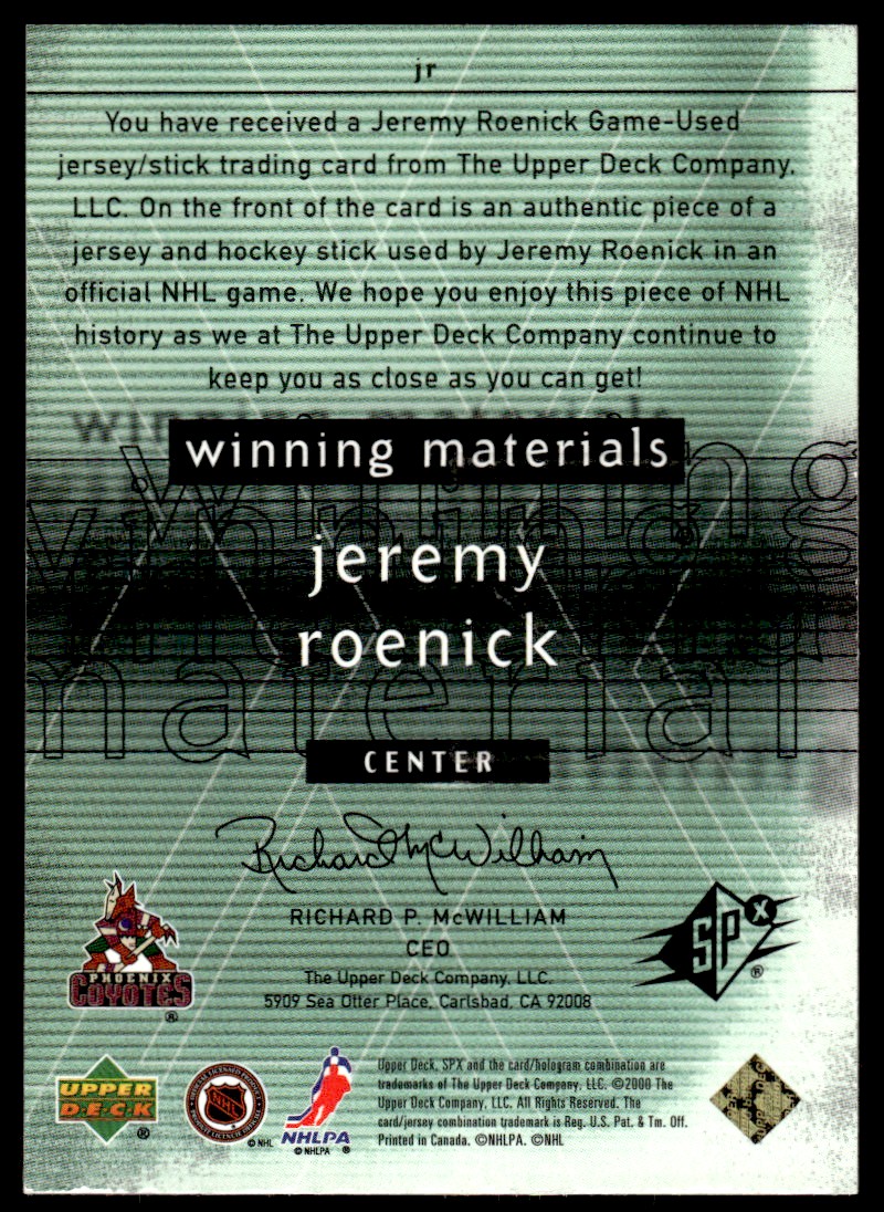 2000-01 SPx Winning Materials #JR Jeremy Roenick back image