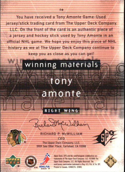 2000-01 SPx Winning Materials #TO Tony Amonte back image