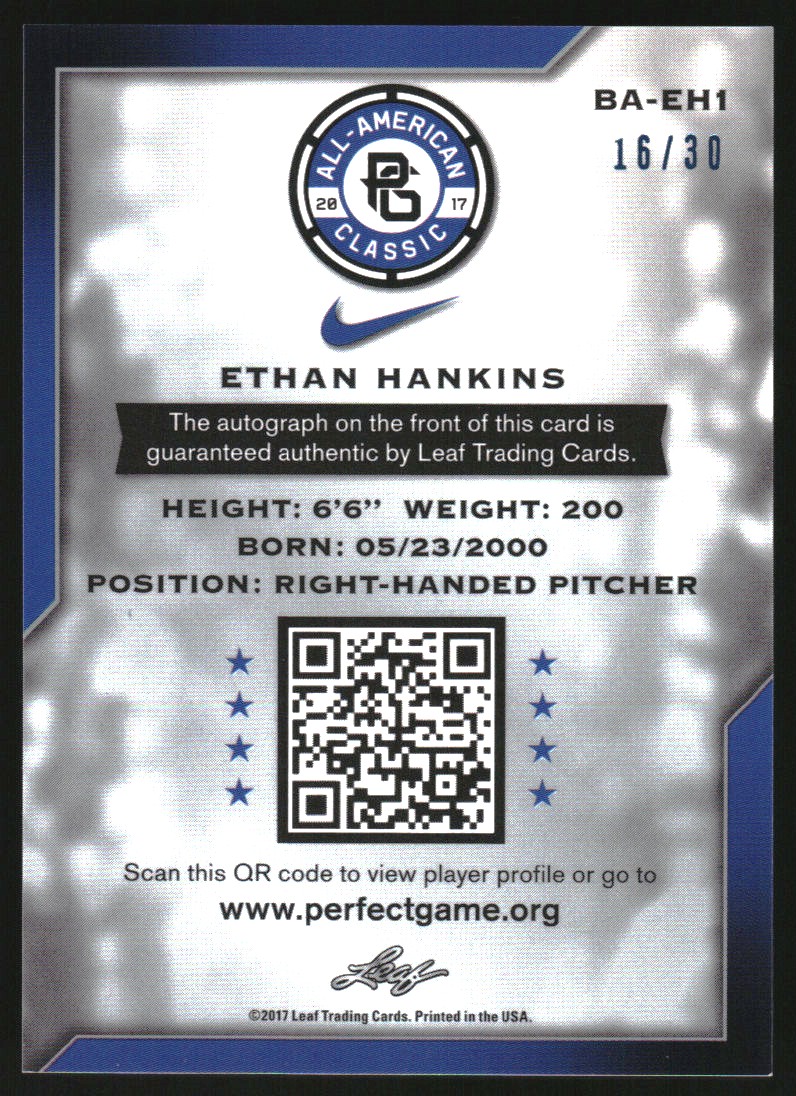 2017 Leaf Metal Perfect Game All-American Autographs Blue Prismatic #BAEH1 Ethan Hankins