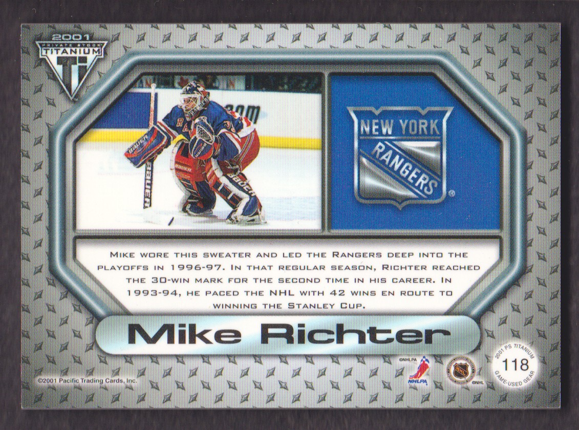 2000-01 Titanium Game Gear Patches #118 Mike Richter/100 back image
