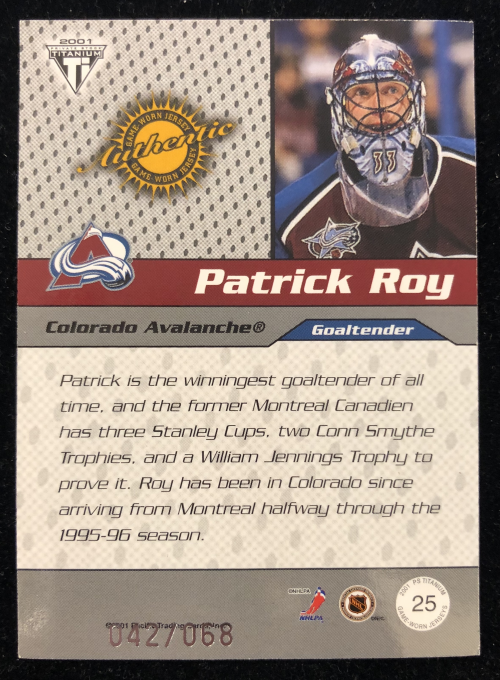 2000-01 Titanium Draft Day Edition #25 Patrick Roy/68 back image