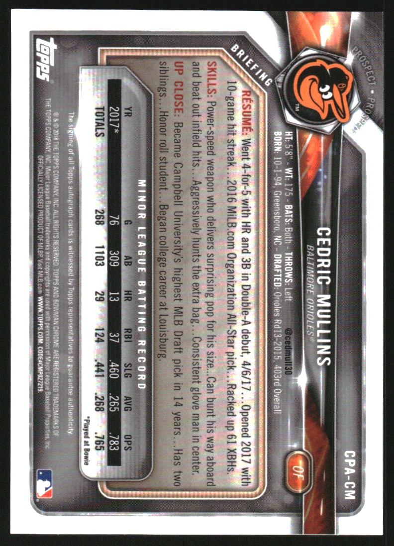 2018 Bowman Chrome Prospect Autographs #CPACM Cedric Mullins