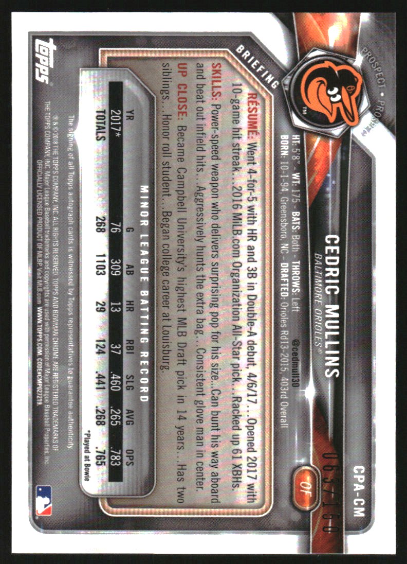 2018 Bowman Chrome Prospect Autographs Blue Refractors #CPACM Cedric Mullins