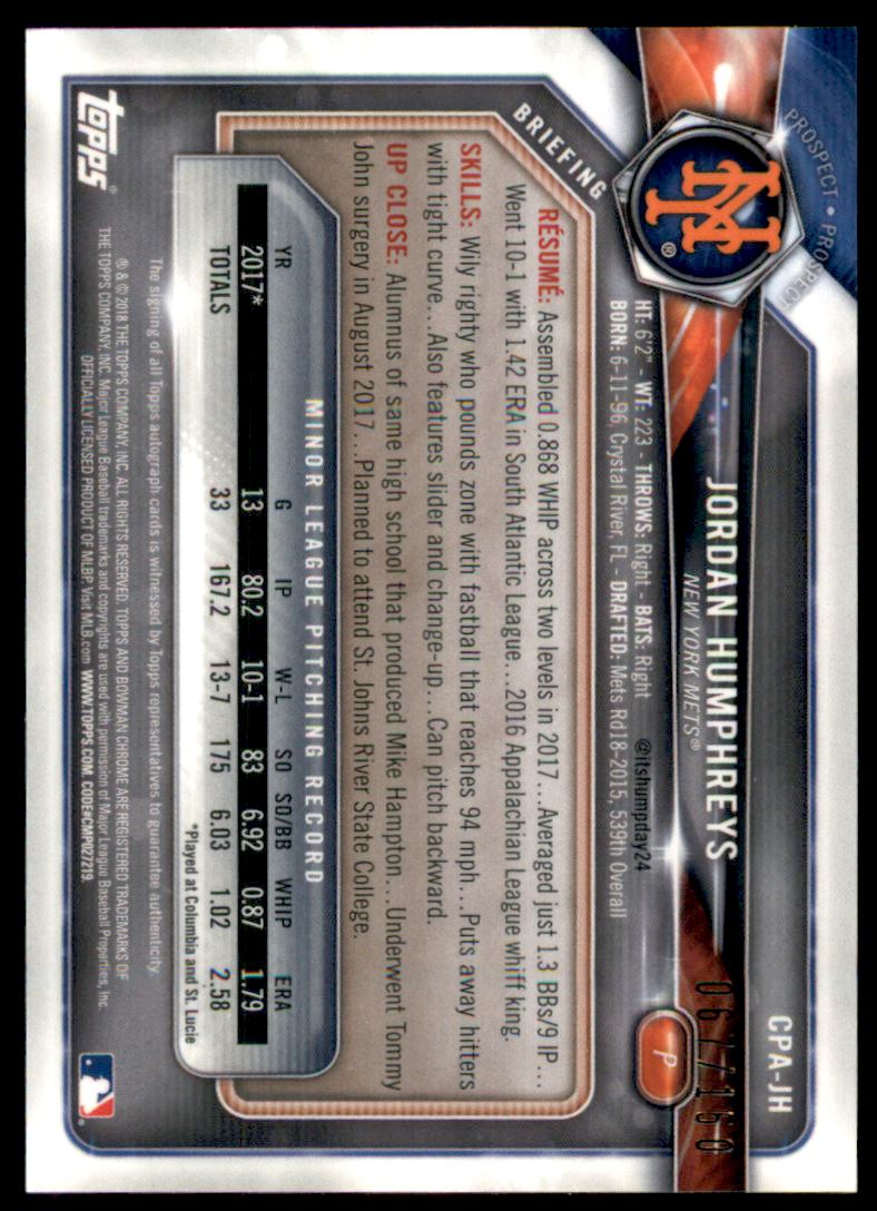 2018 Bowman Chrome Prospect Autographs Blue Refractors #CPAJH Jordan Humphreys