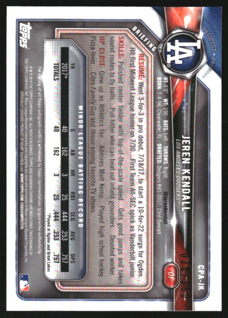 2018 Bowman Chrome Prospect Autographs Blue Refractors #CPAJK Jeren Kendall