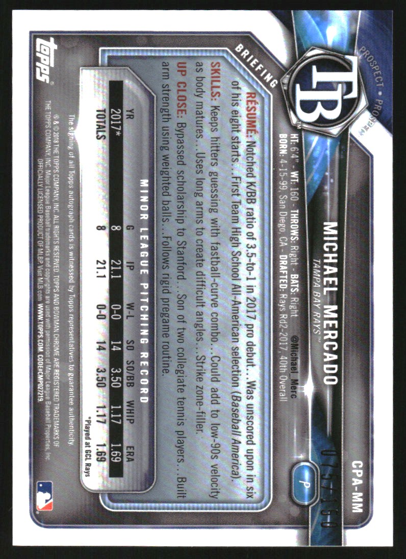 2018 Bowman Chrome Prospect Autographs Blue Refractors #CPAMM Michael Mercado