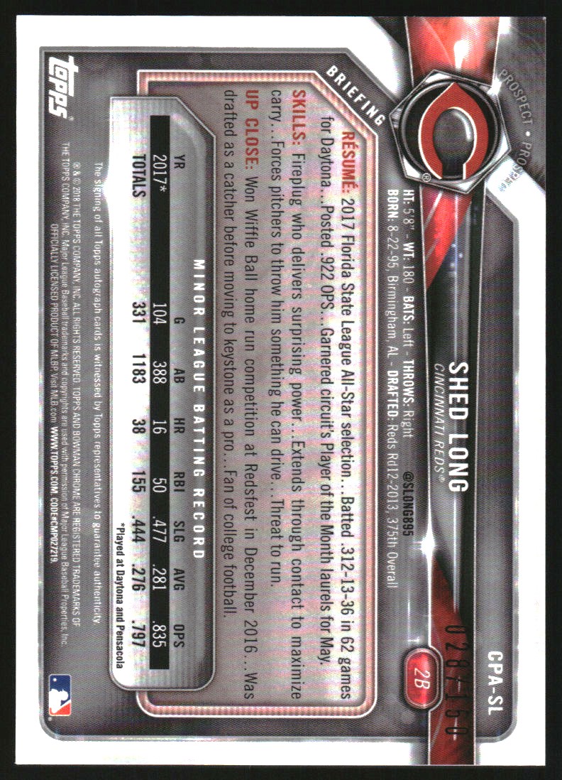 2018 Bowman Chrome Prospect Autographs Blue Refractors #CPASL Shed Long