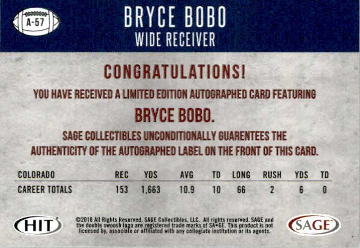 2018 SAGE HIT Autographs Black #A57 Bryce Bobo back image