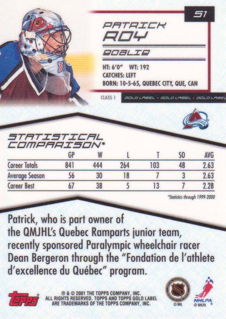 2000-01 Topps Gold Label Class 1 #51 Patrick Roy back image