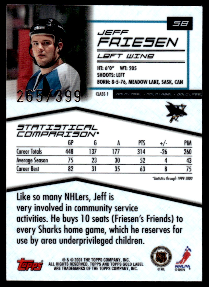 2000-01 Topps Gold Label Class 1 Gold #58 Jeff Friesen