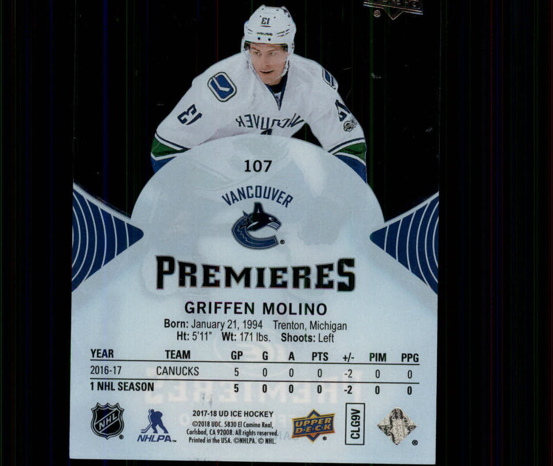 2017-18 Upper Deck Ice #107 Griffen Molino/1299 RC back image