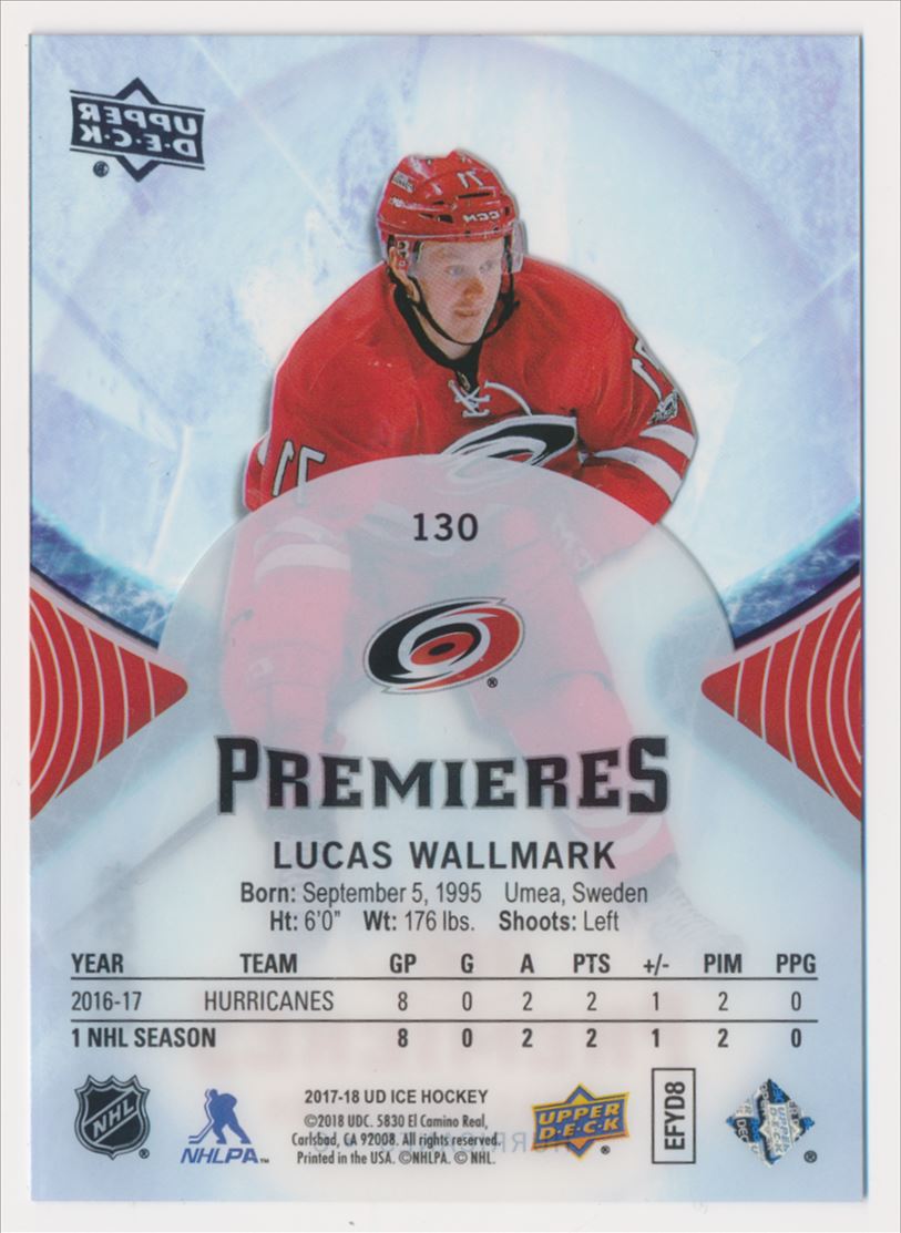 2017-18 Upper Deck Ice #130 Lucas Wallmark/999 RC back image
