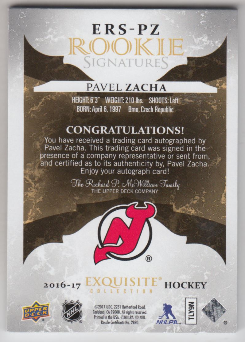 2016-17 Exquisite Collection Rookie Signatures #ERSPZ Pavel Zacha/225 back image