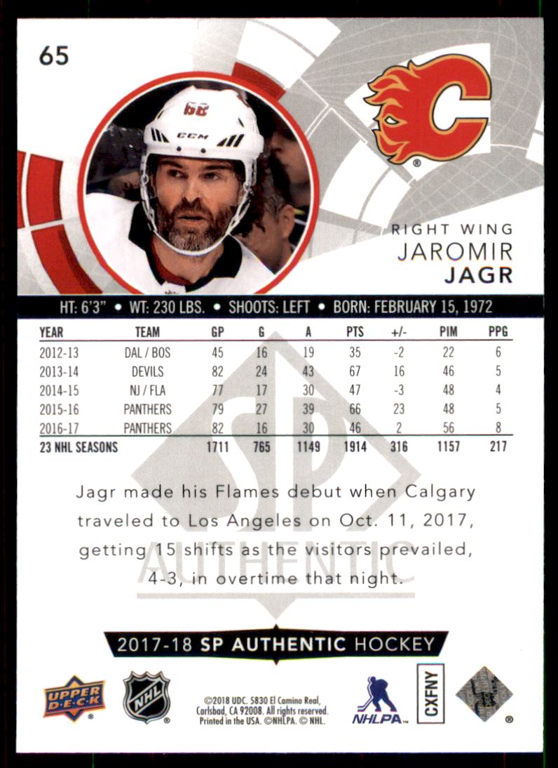 2017-18 SP Authentic #65 Jaromir Jagr back image