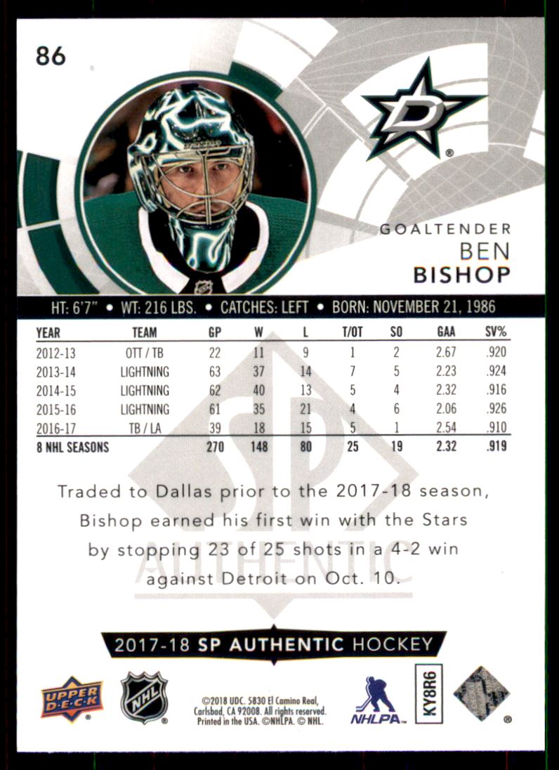2017-18 SP Authentic #86 Ben Bishop back image