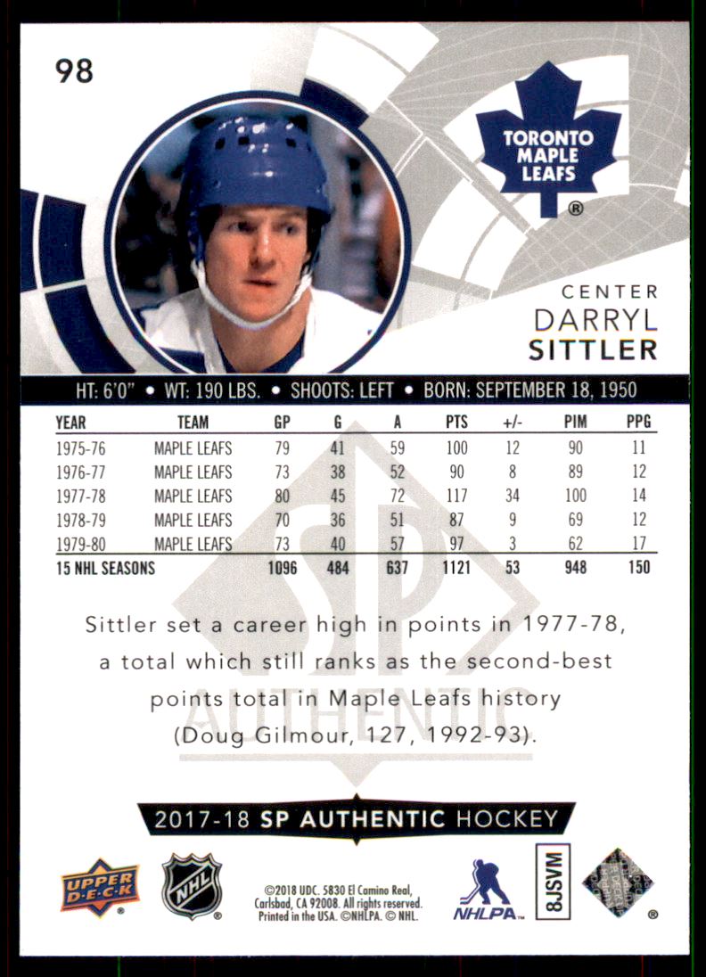2017-18 SP Authentic #98 Darryl Sittler back image