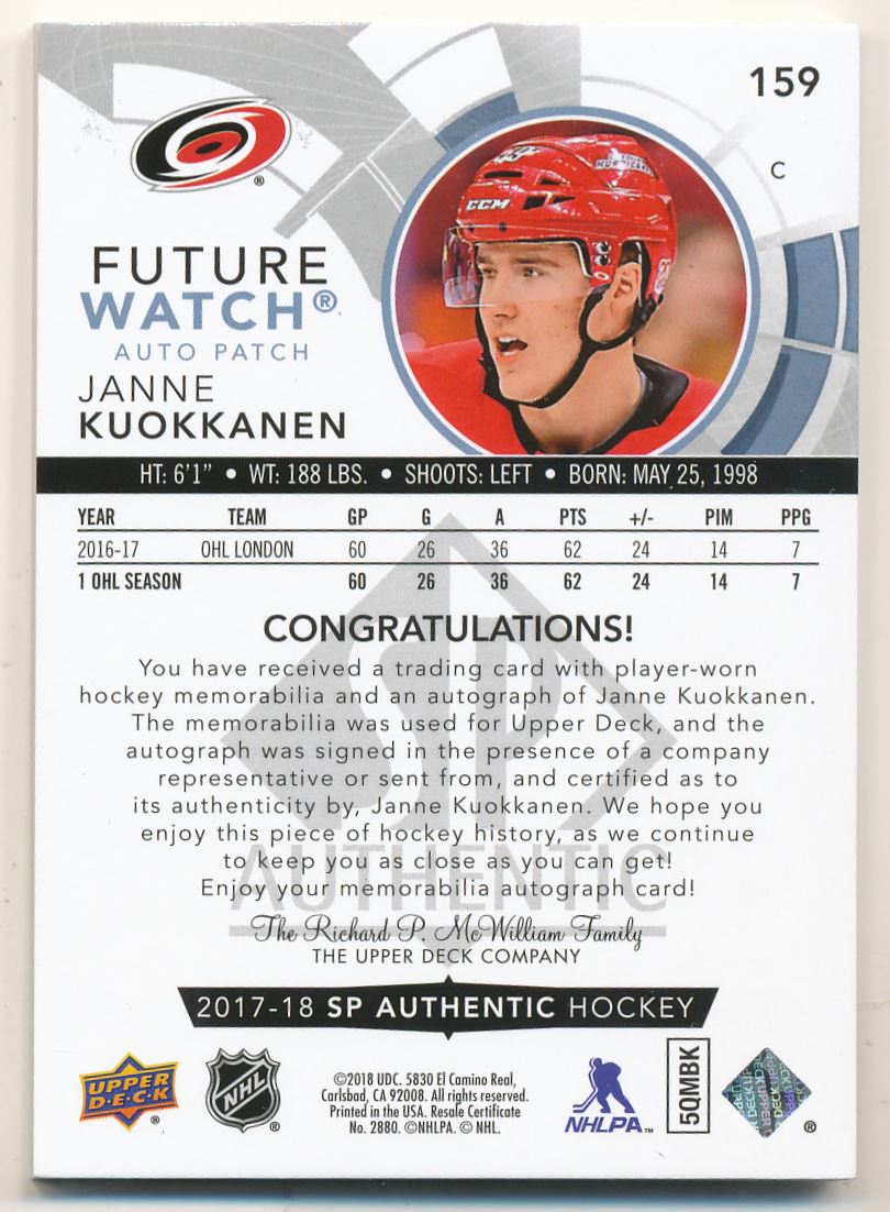2017-18 SP Authentic Limited Patch Autographs #159 Janne Kuokkanen FW/100 back image