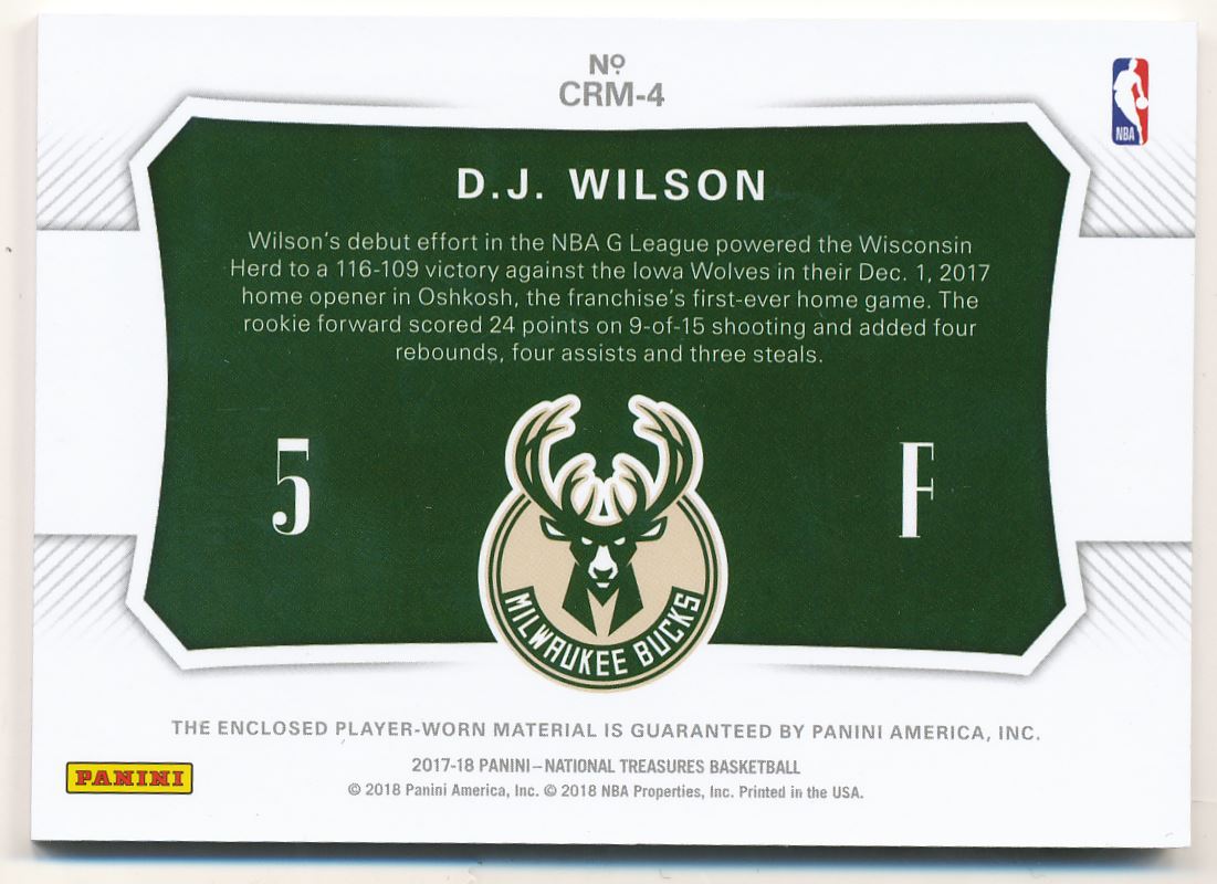 2017-18 Panini National Treasures Colossal Rookie Materials #4 D.J. Wilson