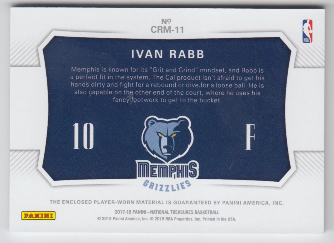 2017-18 Panini National Treasures Colossal Rookie Materials #11 Ivan Rabb