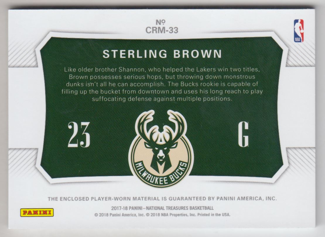 2017-18 Panini National Treasures Colossal Rookie Materials #33 Sterling Brown back image