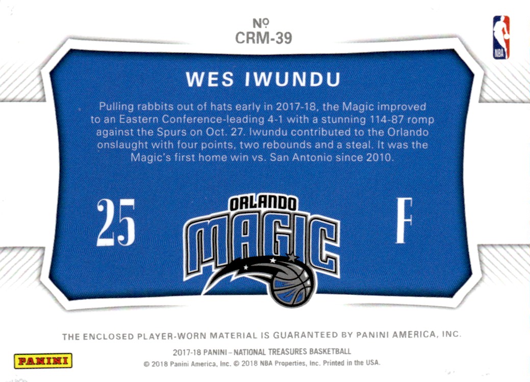 2017-18 Panini National Treasures Colossal Rookie Materials Prime #39 Wes Iwundu back image