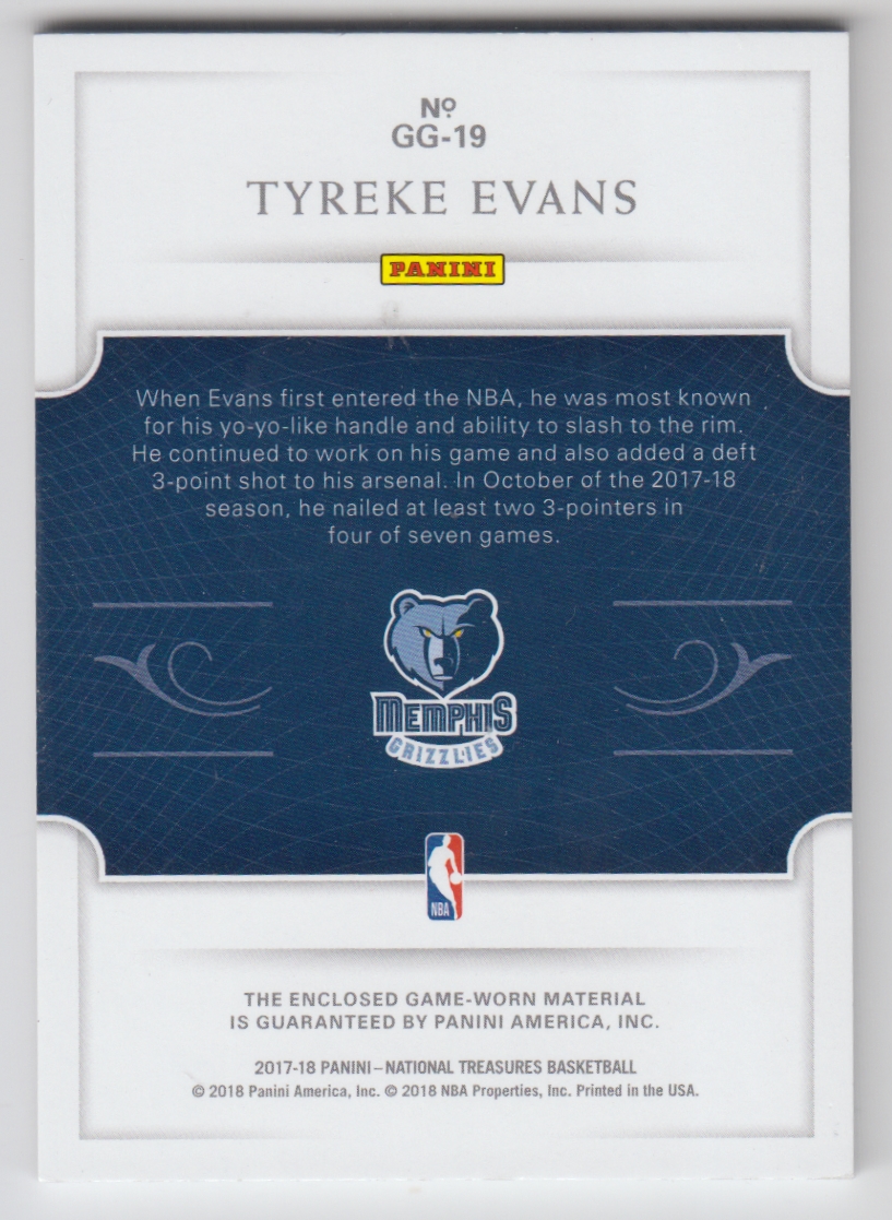 2017-18 Panini National Treasures Game Gear Relics #19 Tyreke Evans/99