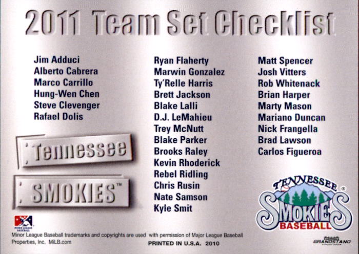 2011 Tennessee Smokies Grandstand #1 Checklist back image