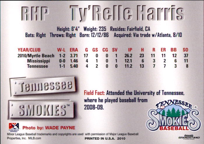 2011 Tennessee Smokies Grandstand #14 Ty'Relle Harris back image