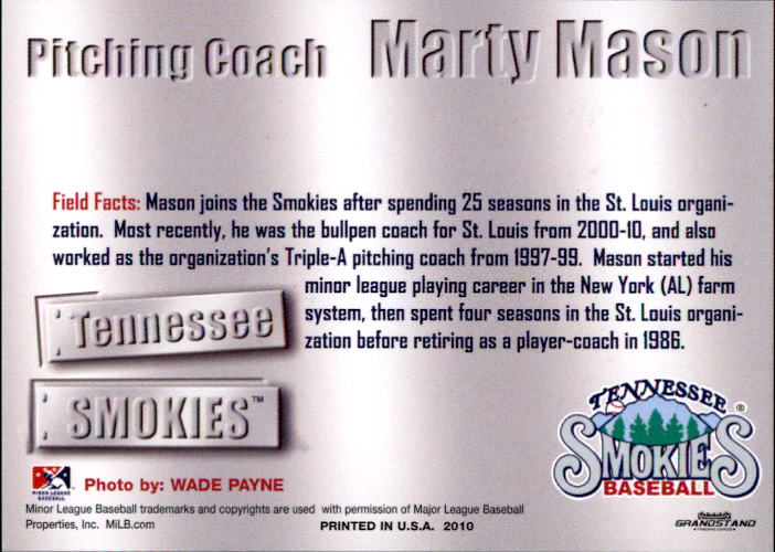 2011 Tennessee Smokies Grandstand #19 Marty Mason CO back image