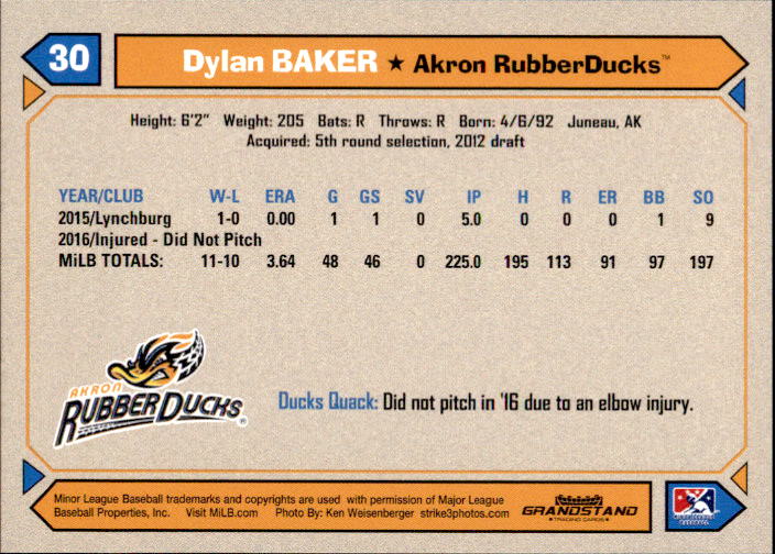 2017 Akron RubberDucks Grandstand #4 Dylan Baker Juneau