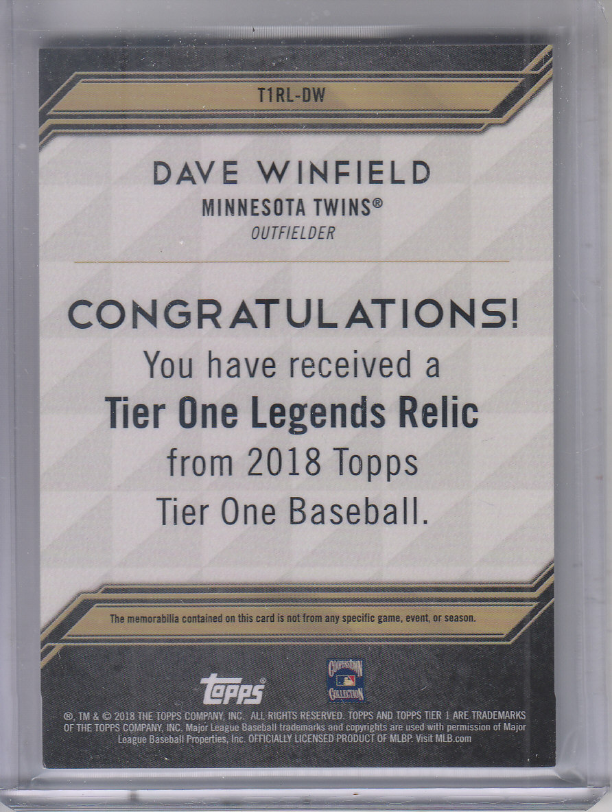2018 Topps Tier One Legend Relics #T1RLDW Dave Winfield/175 back image