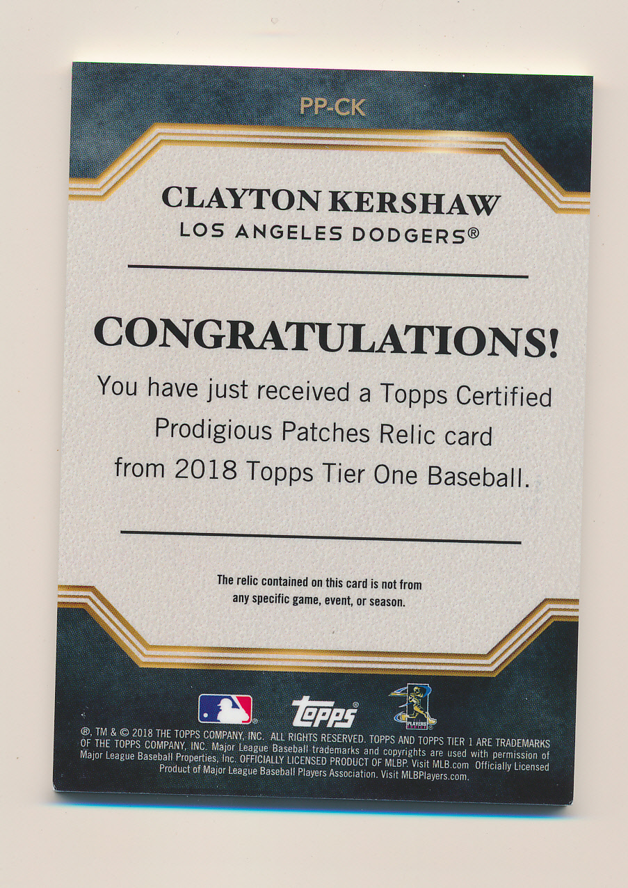 2018 Topps Tier One Prodigious Patches Platinum #PPCK Clayton Kershaw back image