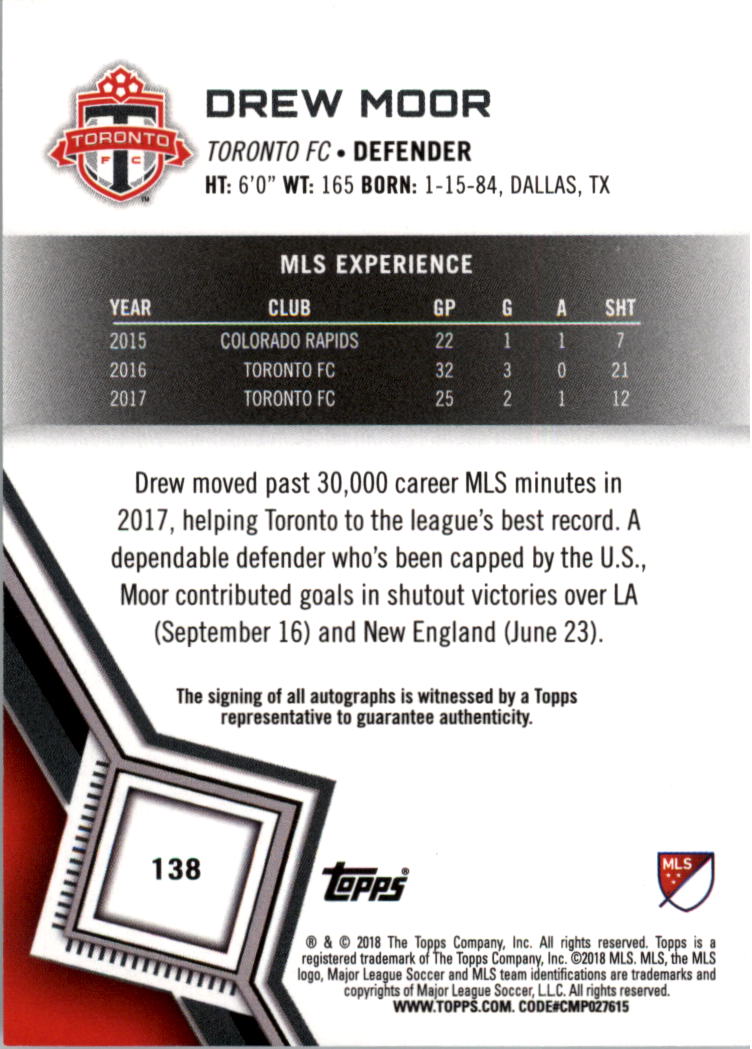 2018 Topps MLS Autographs #138 Drew Moor back image