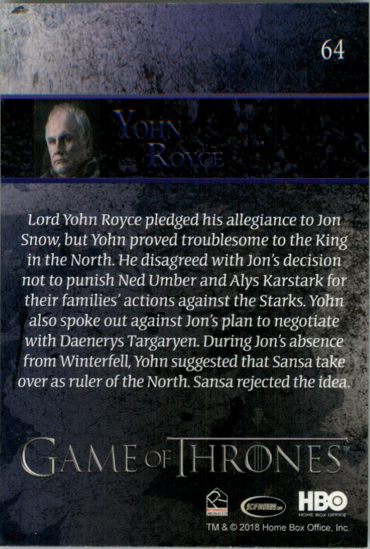 2018 Rittenhouse Game of Thrones Season Seven #64 Yohn Royce back image