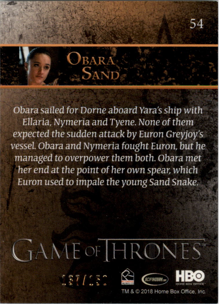 2018 Rittenhouse Game of Thrones Season Seven Gold #54 Obara Sand back image