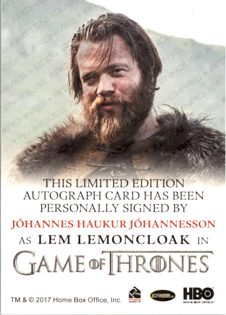 2018 Rittenhouse Game of Thrones Season Seven Full Bleed Autographs #NNO Johannes Haukur Johannesson as Lem Lemoncloak L back image