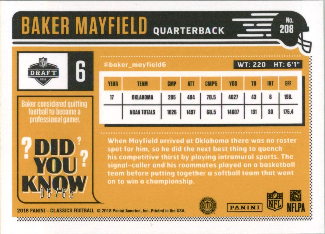 2018 Classics Timeless Tributes Premium Edition Gold #208 Baker Mayfield back image