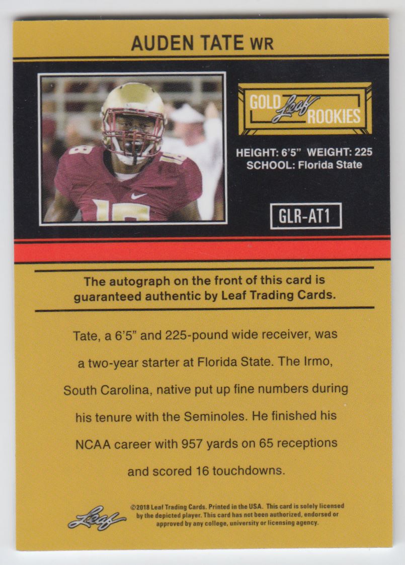 2018 Leaf Ultimate Draft '91 Rookie Autographs #GLRAT1 Auden Tate